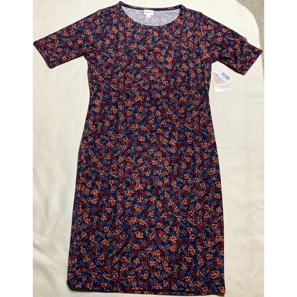 Women's LuLaRoe‎ Short Sleeve Julia Dress Blue with Floral Print Large NWT - Picture 1 of 10